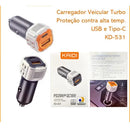 Carregador Veicular Turbo PD20W-QC18W  Kaidi KD-531