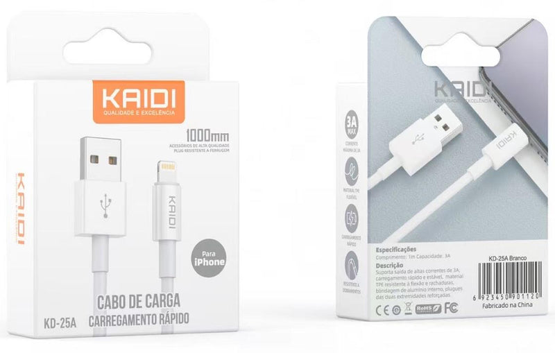 Cabo de Carregamento USB 1M Kaidi KD-25 - Cabo Lightning - Caixa Fechada 600 Unidades