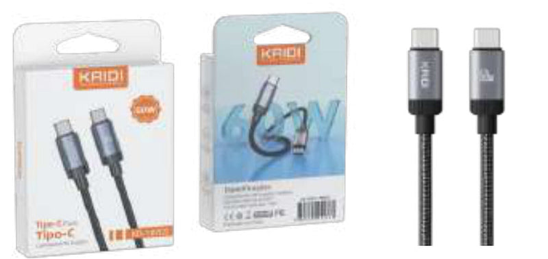 Cabo de Carregamento USB-C para USB-C 60W 1M Kaidi KD-107CC - Caixa Fechada 600 Unidades