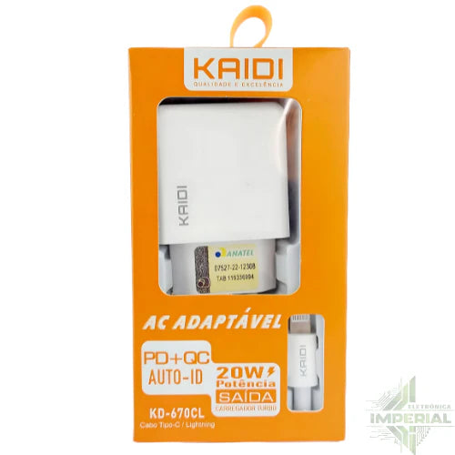 Carregador de Tomada USB e USB-C 20W Kaidi KD-670 - Cabo USB-C - Caixa Fechada 200 Unidades