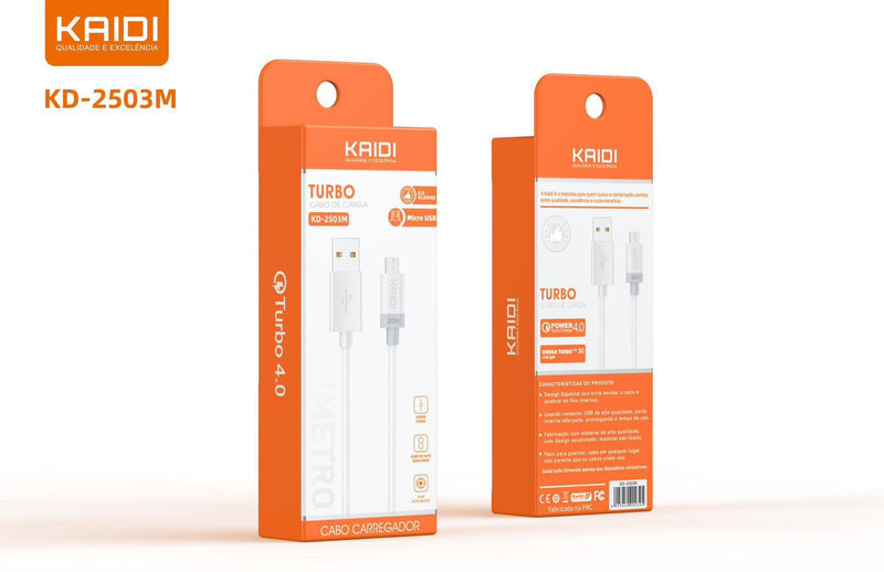 Cabo de Carregamento Turbo USB Kaidi KD-2503 - Cabo Micro USB - Caixa Fechada 600 Unidades