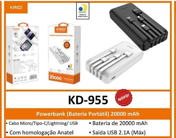 Power Bank 20.000mAh 4 Cabos Kaidi KD-955