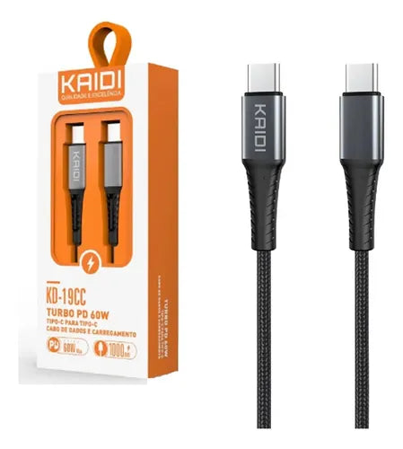 Cabo de Carregamento Turbo PD USB-C 1M Kaidi KD-19 - Cabo USB-C para USB-C - Caixa Fechada 400 Unidades